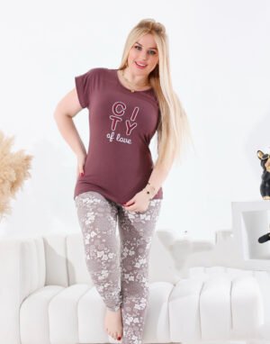 City of Love Printed Pajama Set – Short Sleeve Top & Floral Leggings