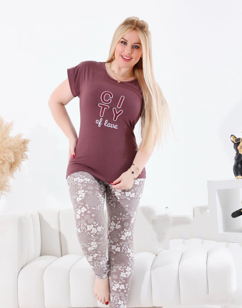 City of Love Printed Pajama Set – Short Sleeve Top & Floral Leggings